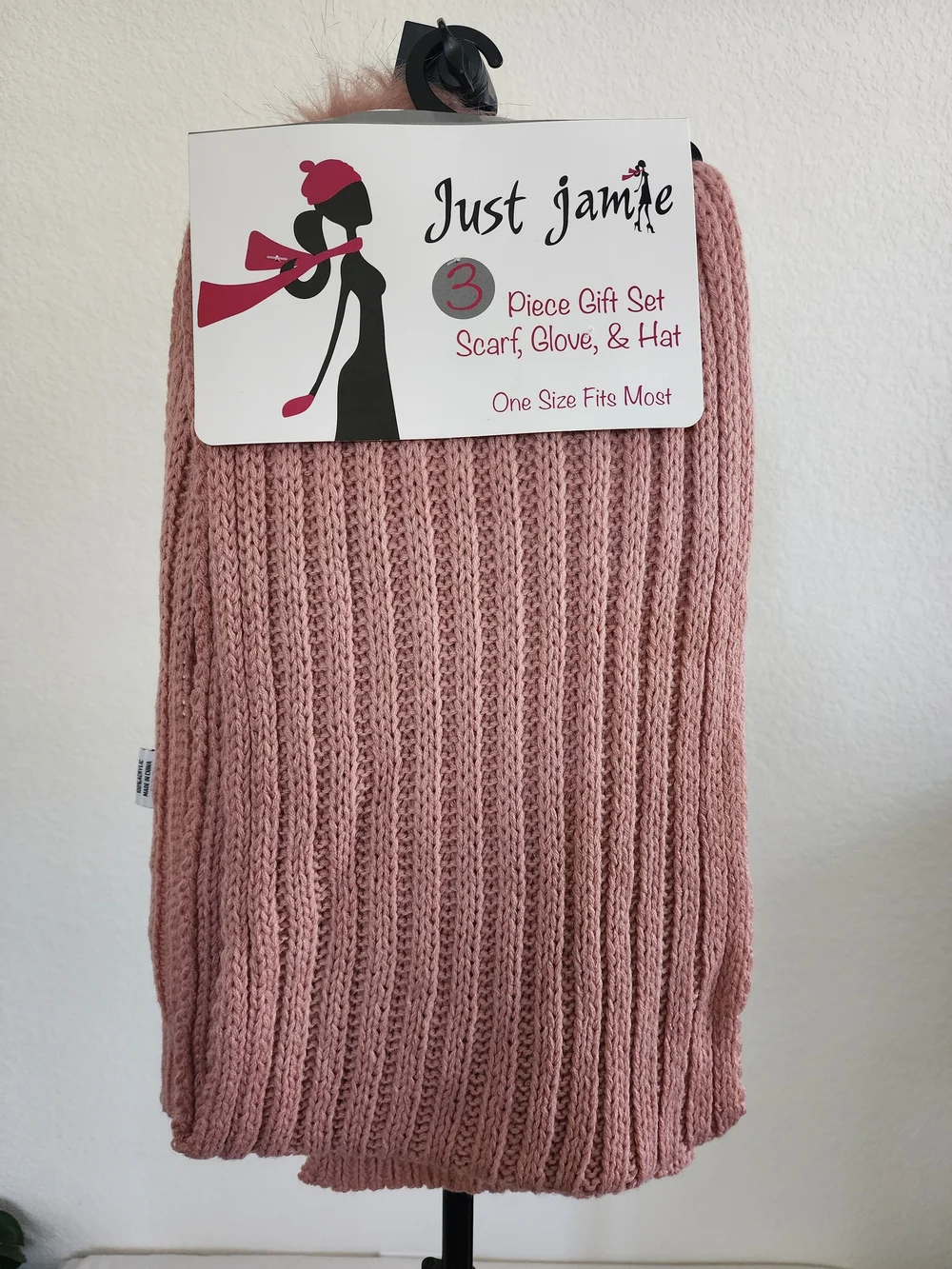 NWT Just Jamie Pearl Ribbed Knit Hat Scarf Set Pink 2pc INCOMPLETE Missing Glove